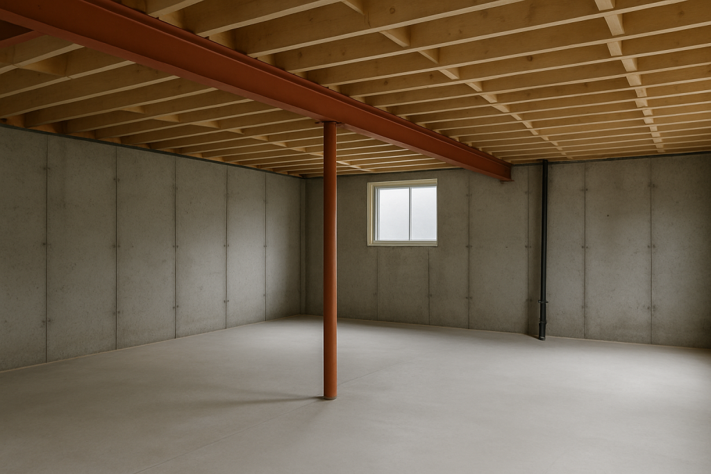 Basement renovation showing underpinning for height increase and waterproofing membrane installation to prevent moisture and leaks
