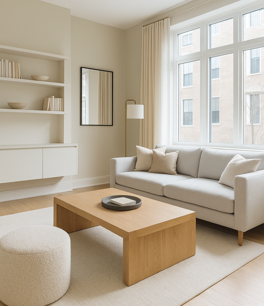 Small renovated room designed with light colors, smart storage, and open layout to make the space look larger