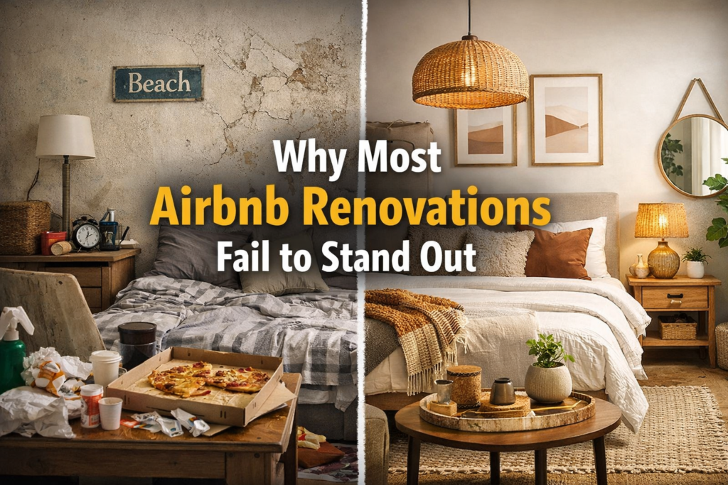 Before and after comparison of an Airbnb renovation showing why most Airbnb interiors fail to stand out